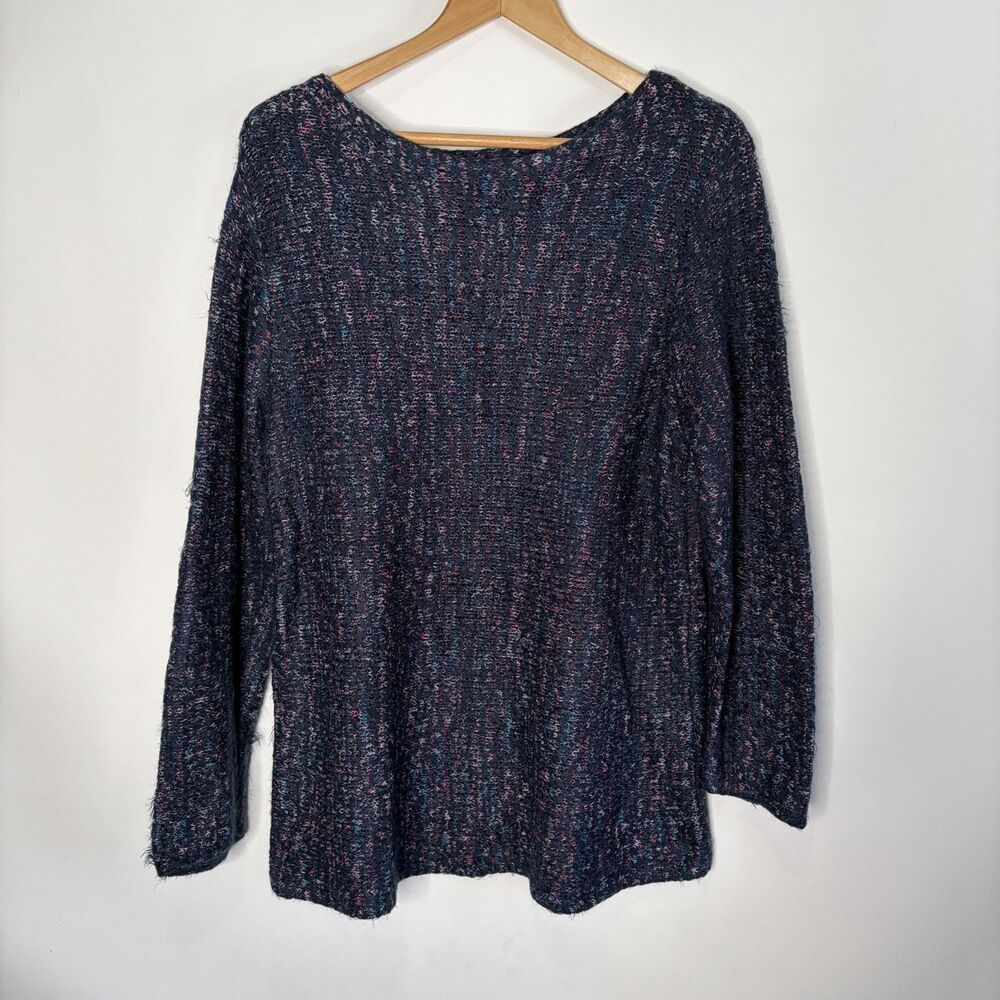 Chicos Sweater Crew Neck Navy Blue Pink Soft Textured Pullover Womens 2 L 12